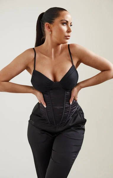 Black Satin Cup Detail Boned Corset Top - Yuri