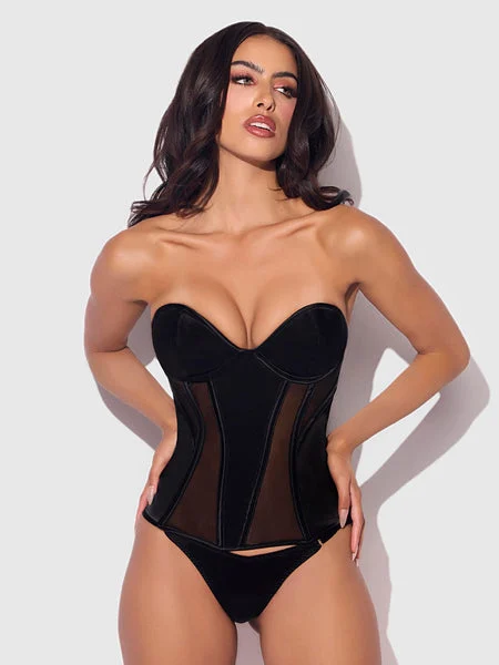BLACK SATIN & MESH PLUNGE UNDERWIRE CORSET