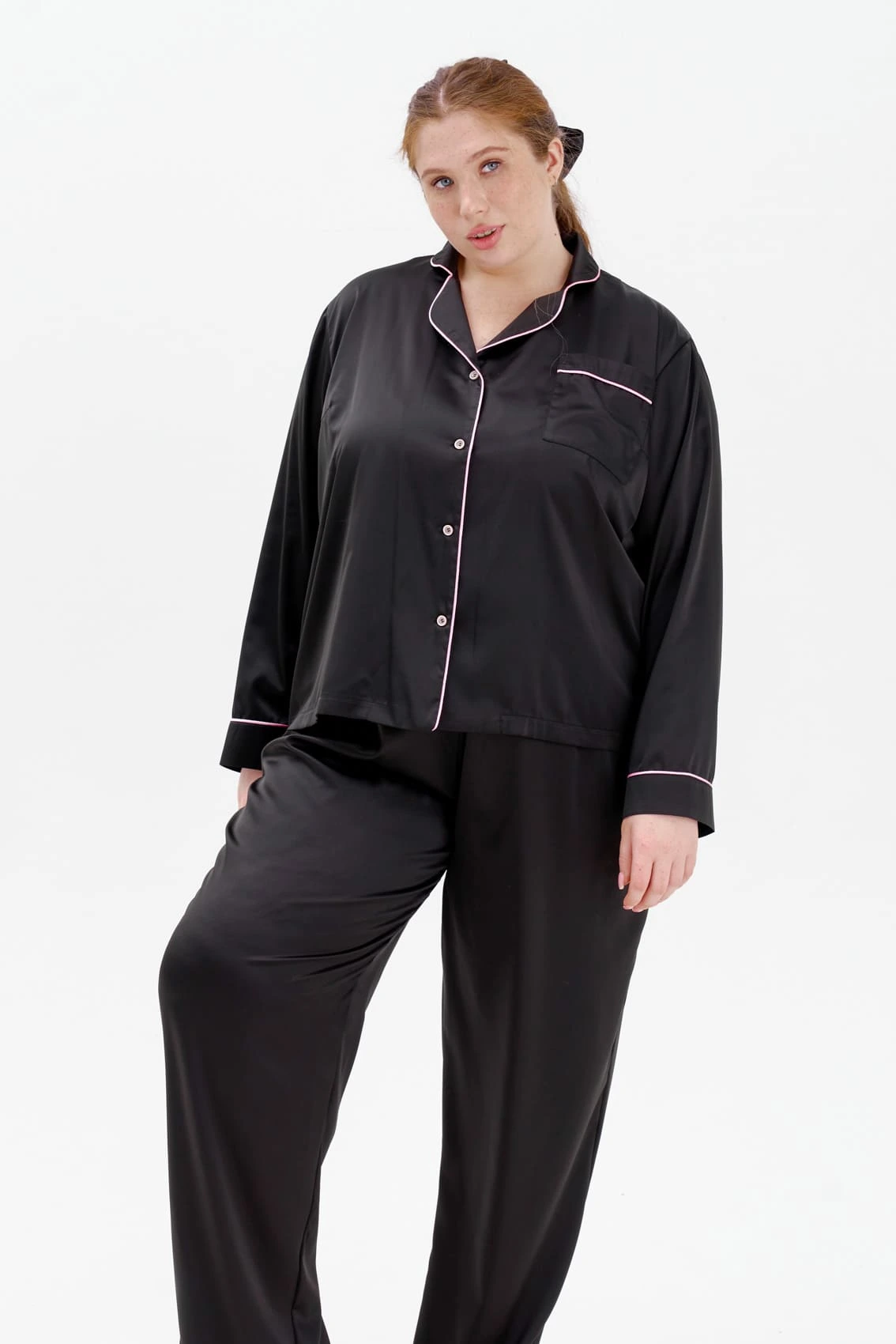 Black Satin Pyjamas with Button Up Top and Long Sleeves