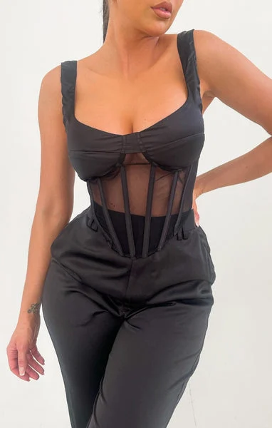 Black Satin Strappy Cup Detail Mesh Boned Corset Top - Sabella