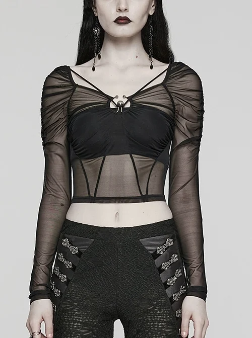 Black See Through Stretch Gathered Mesh With Personalized Rings In The Front Gothic Style Long Sleeved Square Neck T-Shirt