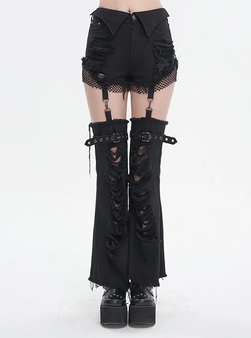 Black Segmented Splicing Old-Fashioned Holes Punk-Style Flared Trouser