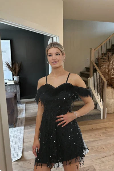 Black Sequin Feather Trim Off The Shoulder Mini Dress - Kaya