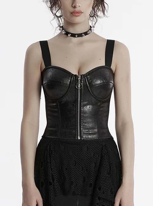 Black Sexy Cool Personality Metal Skull Zipper Adjustable Shoulder Strap Design Punk Style Tight Vest
