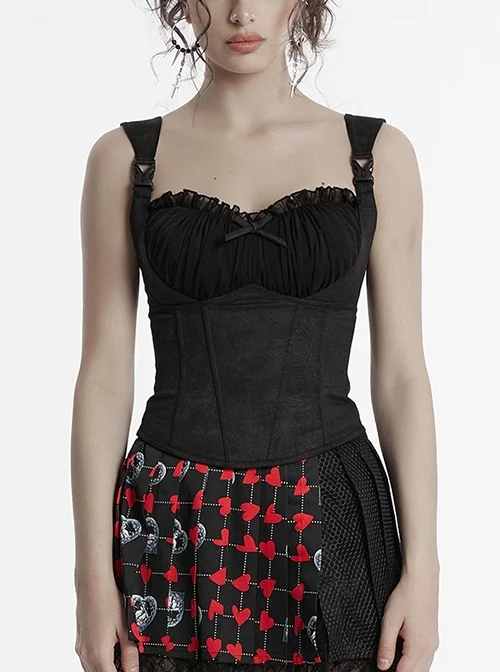 Black Sexy Delicate Rose Pattern Chest Gathered Ruffles Waist Sweet Bow Gothic Style Camisole Top