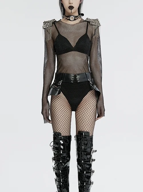Black Sexy Diamond Perspective Mesh Shoulders With Rhinestone Spike Rivets Decorated Punk Style Bodysuit