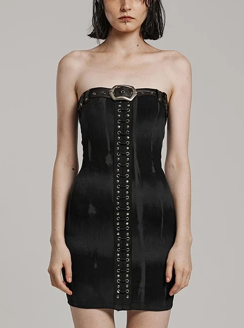 Black Sexy Elastic Thread Front Center Non Detachable String Punk Style Slim Fit Printed Tube Top Dress