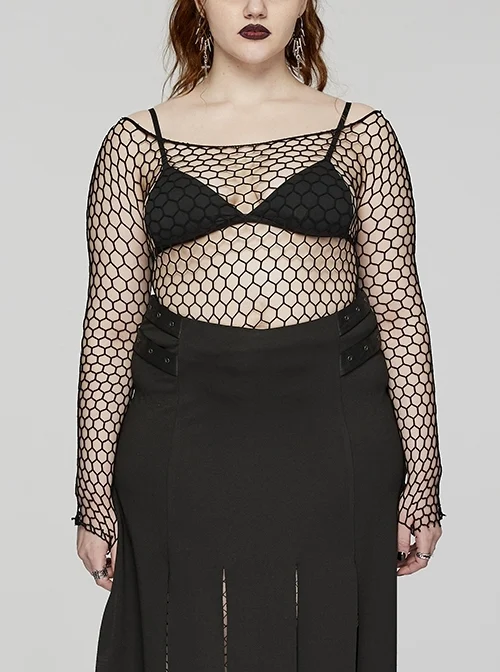 Black Sexy Hollow Elastic Diamond Mesh Punk Style Versatile Long-Sleeved T-Shirt