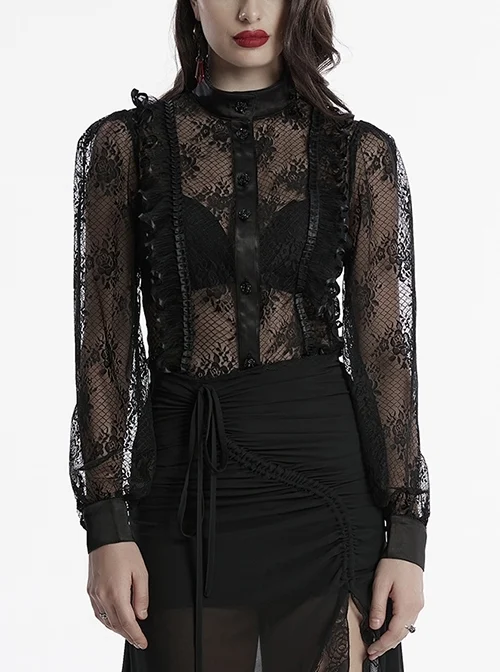 Black Sexy Lace See Through Exquisite Rose Button Back Drawstring Design Gothic Style Long Sleeves Shirt