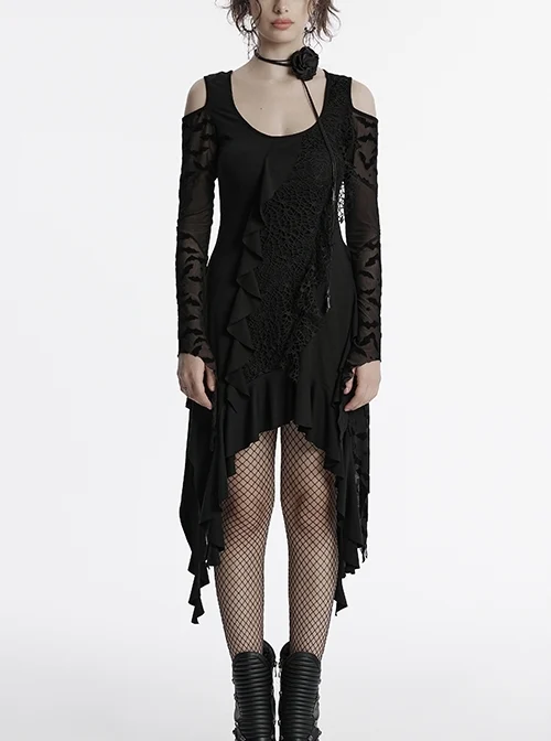 Black Sexy Off Shoulder Design Unique Ruffle Stitching Bat Pattern Gothic Style Long Sleeves Dress