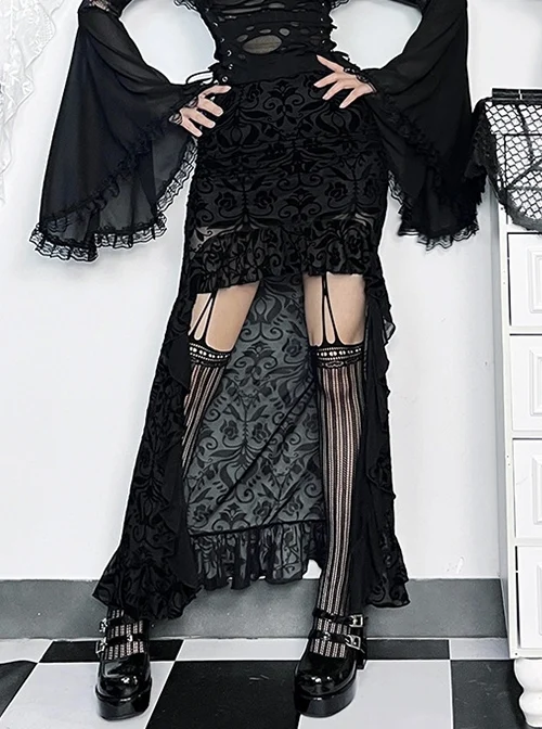 Black Sexy Slightly Transparent Jacquard Fabric With Irregular Hem Gothic Style Skirt