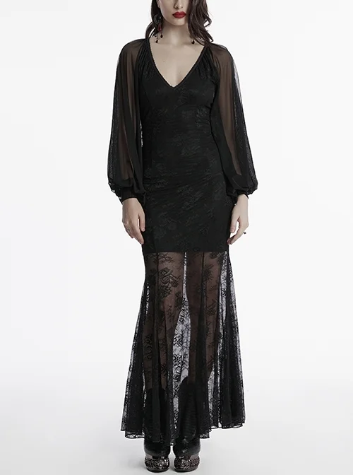 Black Sexy Slim Fit Deep V Neck Lace Mesh Splicing Exquisite Rose Dark Pattern Gothic Style Long Sleeves Dress