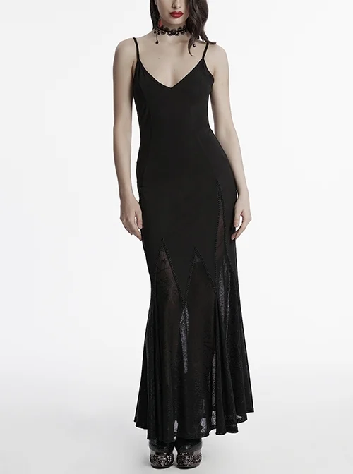 Black Sexy V Neck Irregular Spider Web Mesh Splicing Elegant Slim Gothic Style Suspender Dress