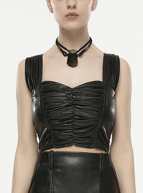 Black Sheepskin Stretch Square Neckenvironment-Friendly Faux Leather Punk Vest