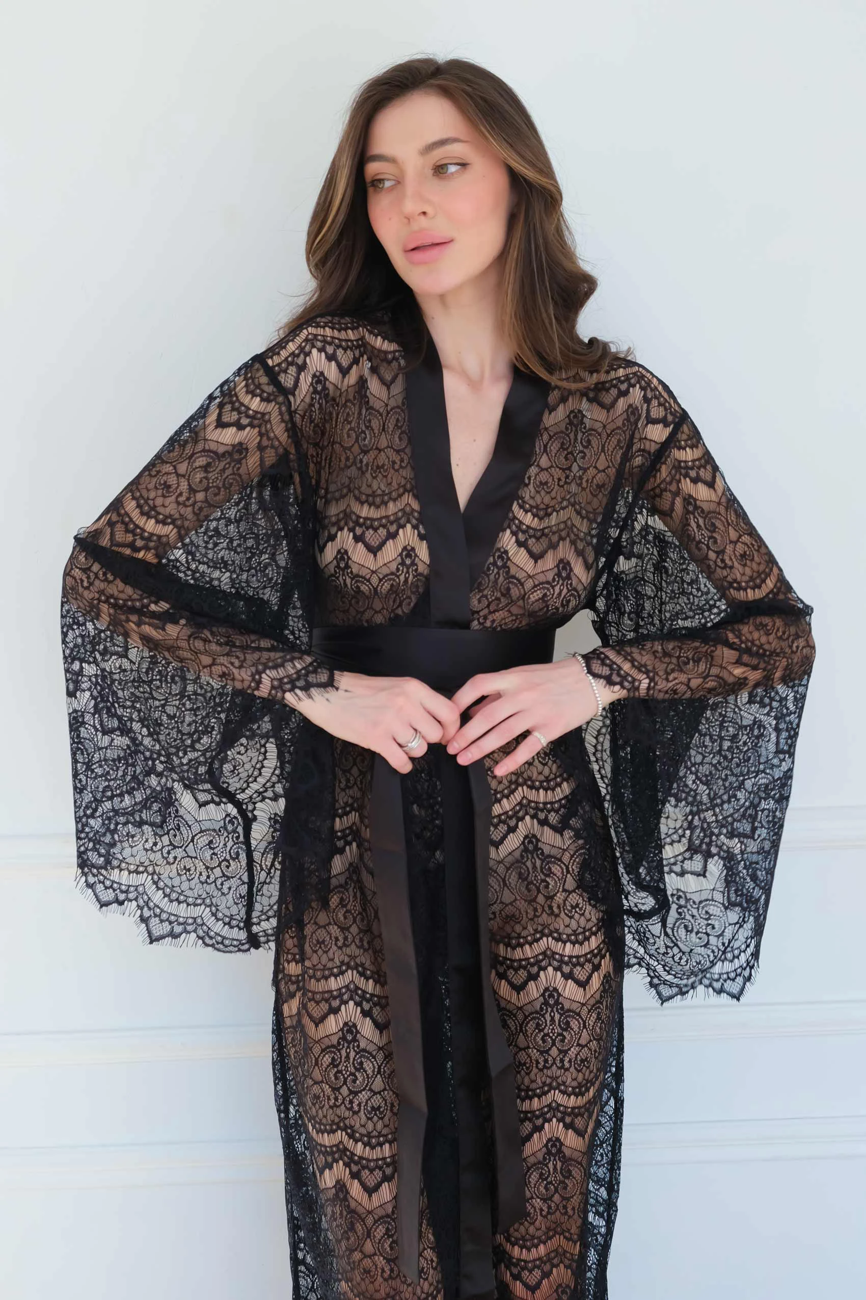 Black Sheer Robe with See Through Lace