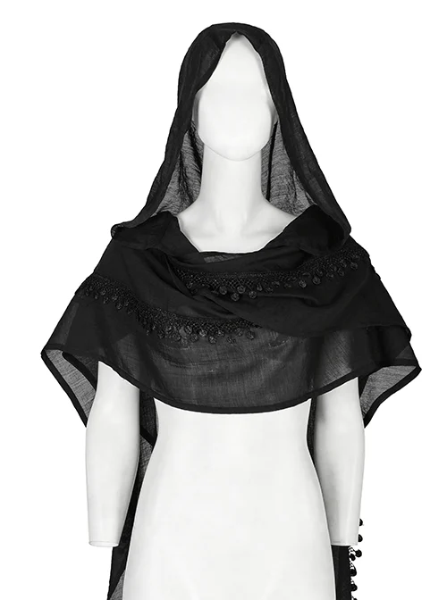 Black Sheer Weave Hooded Fringed Lace Gothic Scarf
