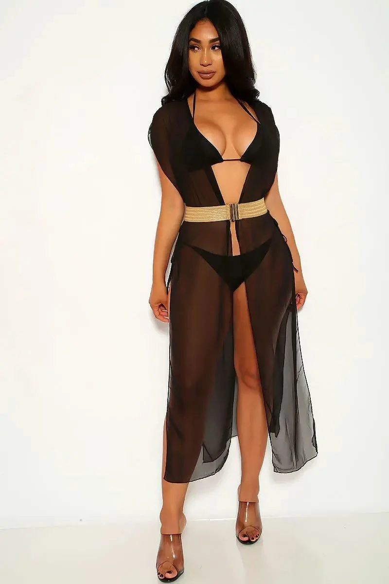 Black Short Sleeves Mesh Swimsuit Set