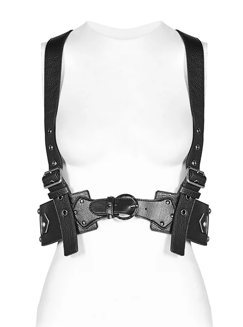 Black Shoulder Loop Adjustable Stiff Non-Stretch Faux Leather Punk Harness