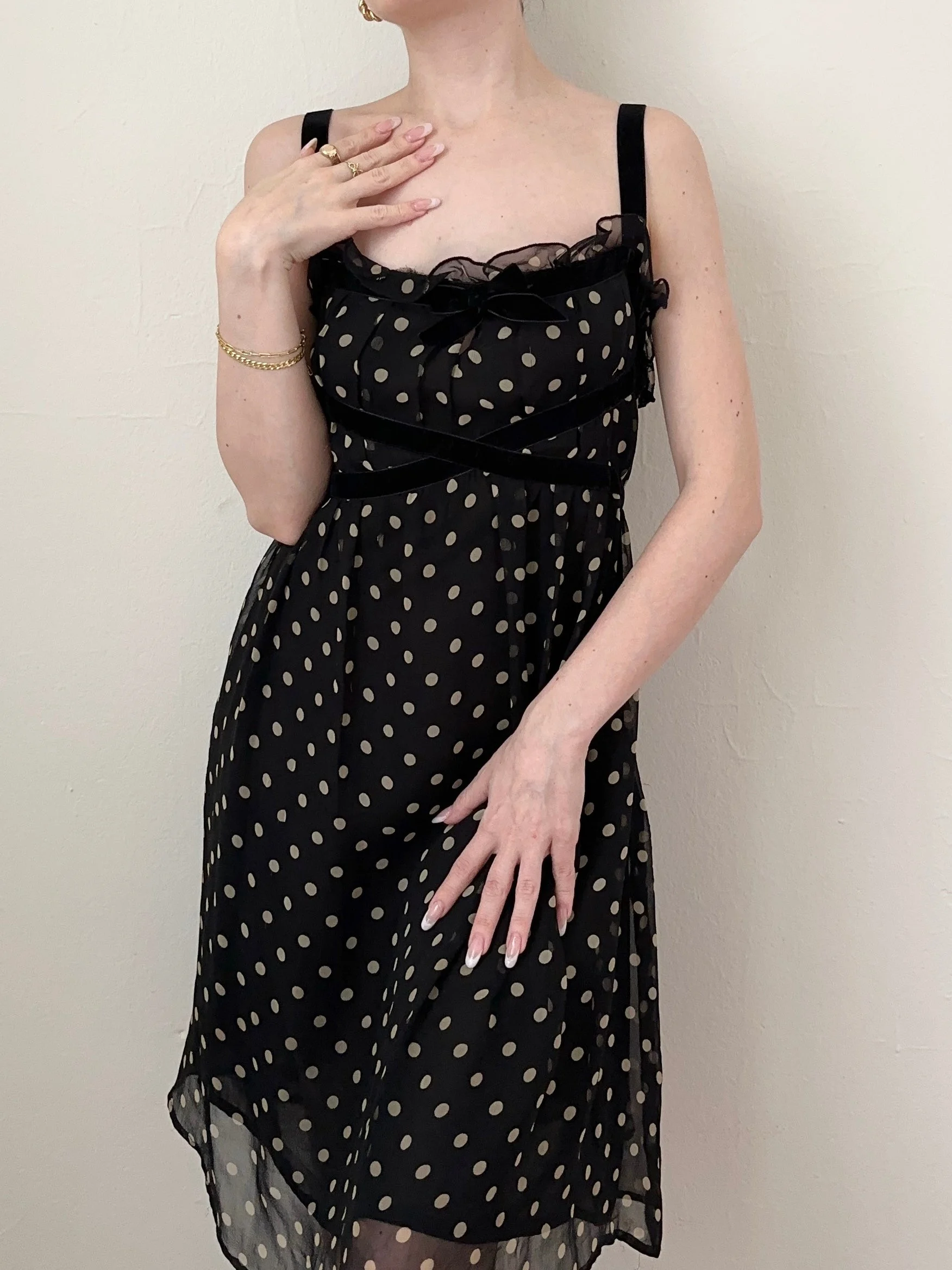 Black Silk Polka Dot Velvet Ribbon Babydoll Dress (M)