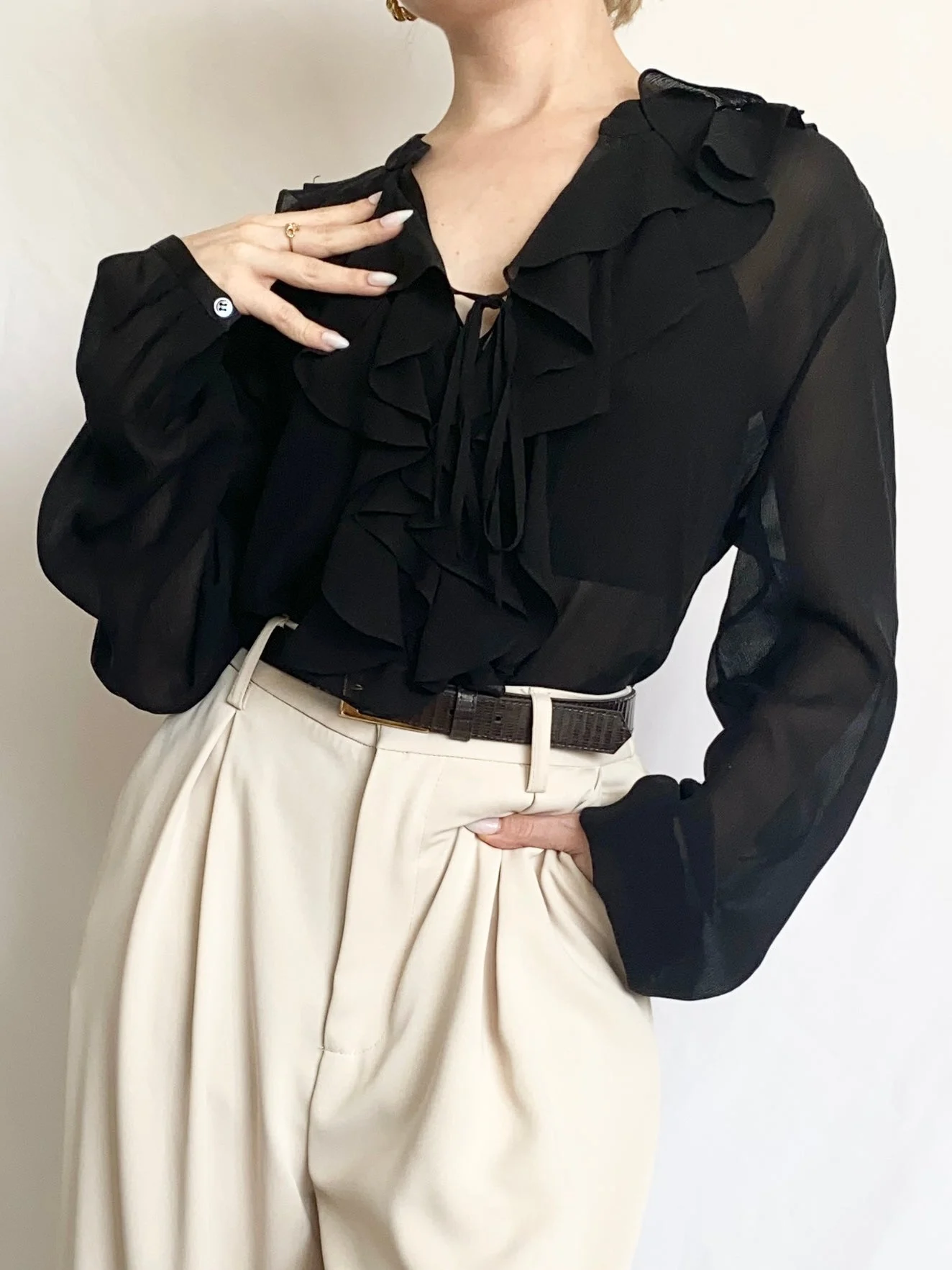 Black Silk Ruffle Blouse (M)