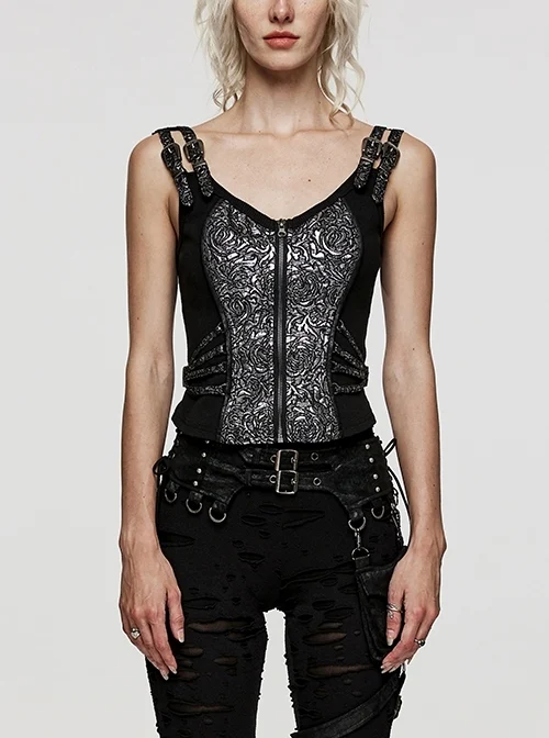 Black And Silver Non-Stretch Jacquard Panel Woven Zipper Tie Rope Punk Style Sleeveless Adjustable Vest