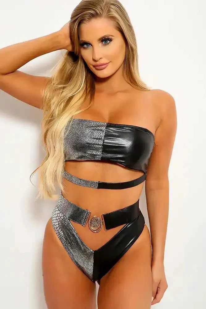 Black Silver Snake Print Two Piece Swimsuit