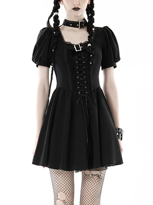 Black Simple Chest Eyelet Tied With Japanese Button And Exquisite Lace Neckline Punk Style Short Sleeved Dress