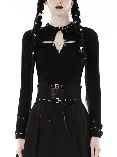 Black Simple Front Chest Sexy Hollow Cross Metal Chain Punk Style Long Sleeved T-Shirt