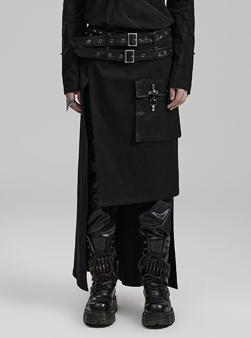 Black Simple Non Elastic Woven Printed Asymmetrical Punk Style Long Skirt With Removable Adjustable Tabs