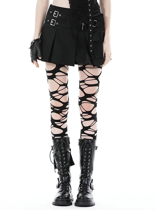 Black Simple Side Pocket Double Breasted Punk Style Pleated Skirt