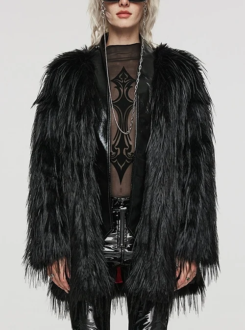 Black Simple Soft Irregular Wool Side Metal Ring Decorated Gothic Mid Length Coat