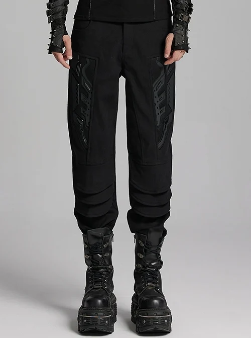 Black Simple Stretch Twill Woven Side Three Dimensional Black Rubber Patch Decorated Punk Style Rough Trousers
