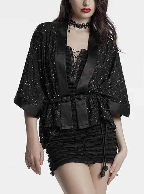 Black Simple Version Design Braided Belt Unique Star Print Gothic Style Wide Sleeve Short Coat