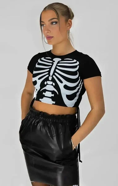 Black Skeleton Print Crop Top-Azira