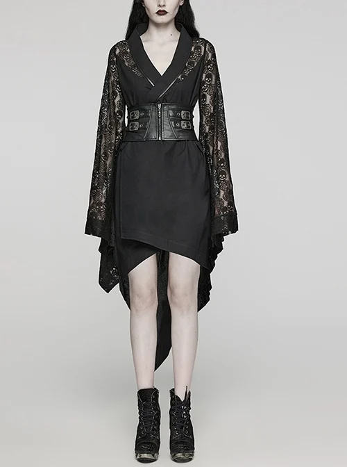 Black Skull Lace Patchwork Non Elastic Woven Lapel Waisted Punk Style Long Sleeved Kimono Jacket