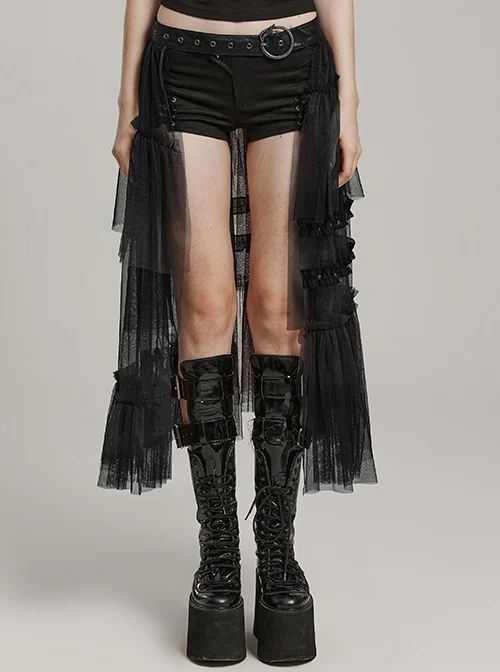 Black Slightly See Through Asymmetric Layered Mesh Crackled Leather Belt Punk Style Mesh Skirt
