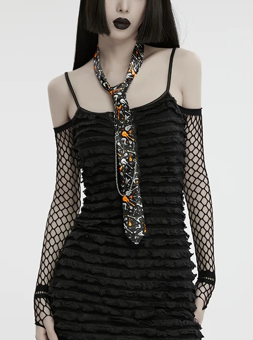 Black Soft Imitation Silk Comfortable Guitar Pattern Print With Metal Chain Decoration Punk Style Tie