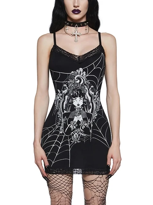 Black Spiderweb Print With Lace Hem Punk Style Sleeveless Suspender Dress