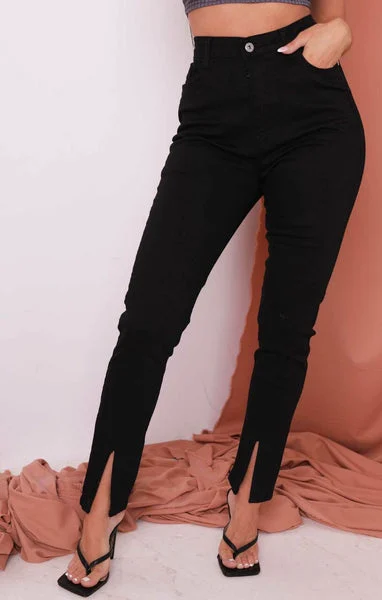 Black Split Front Button Detail High Waisted Skinny Jeans - Gabby