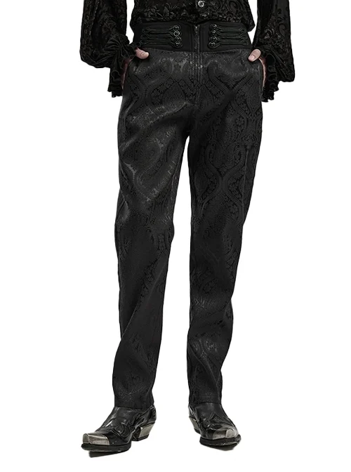 Black Statement Twill Jacquard With Waist Wrap Appliqué Decoration Gothic Style Men's Trousers