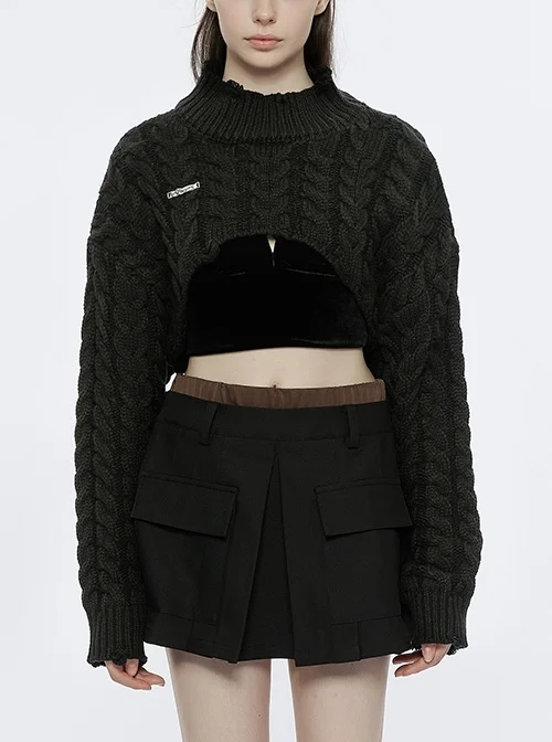 Black Strand Pattern Mid-Thick Loose Ripped Hole Curved Hollow Hem Punk Style Pullover Sweater