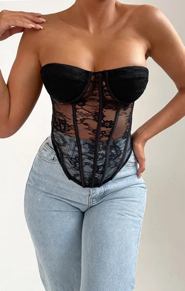 Black Strapless Lace Corset Style Top - Rey