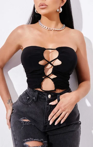 Black Strapless Lace Up Cut Out Crop Top - Helen