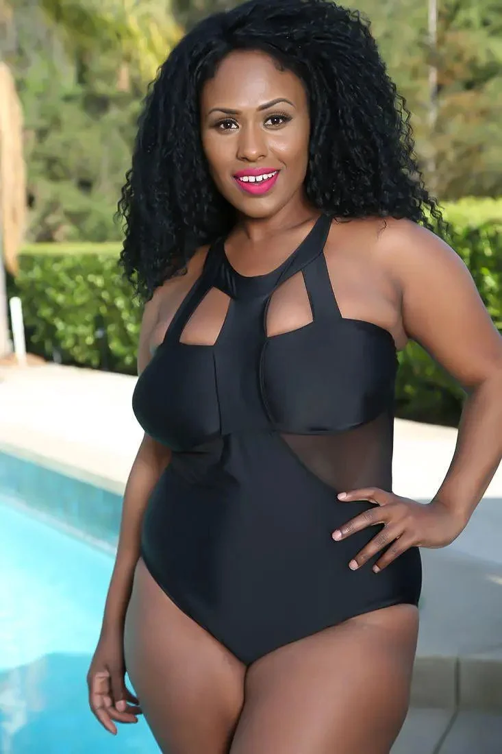 Black Strappy Mesh Cut Out Plus Size Swimsuit