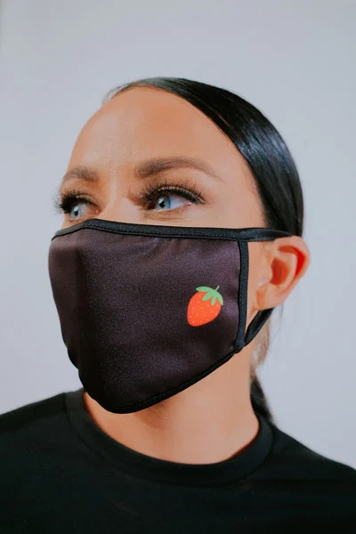 Black Strawberry Print Washable Face Mask