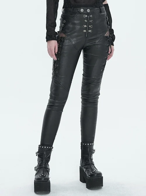 Black Stretch-Black Faux-Leather-Paneled Mesh Punk-Inspired Daily Trousers