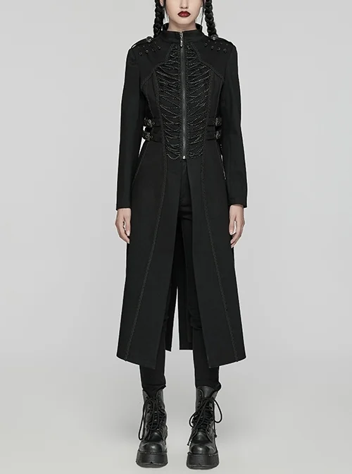 Black Stretch Denim Fabric Exquisite Carvings On The Shoulders And Hand Sewn Buttons Cross Chain Decoration In The Front Punk Style Long Coat