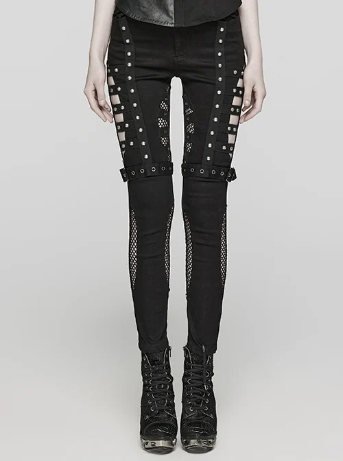 Black Stretch Denim Patchwork Mesh Front Metal Rivet Embellished Punk Style Hollow Leggings