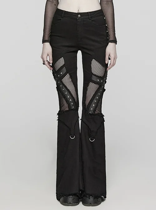 Black Stretch Denim Patchwork Mesh Side Metal Studs Punk Style Raw Edge Flared Pants