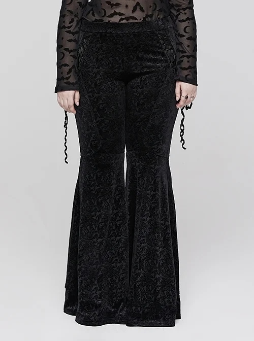 Black Stretch-Embossed Velvet Split Gothic-Jacquard Flared Pants